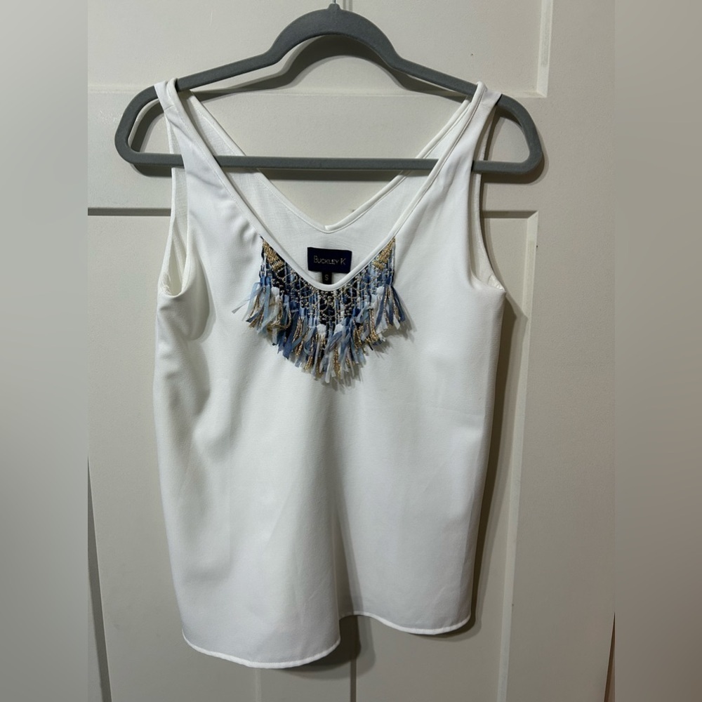 Buckley K white Blue and Gold Fringe Tank Top Blouse size Small